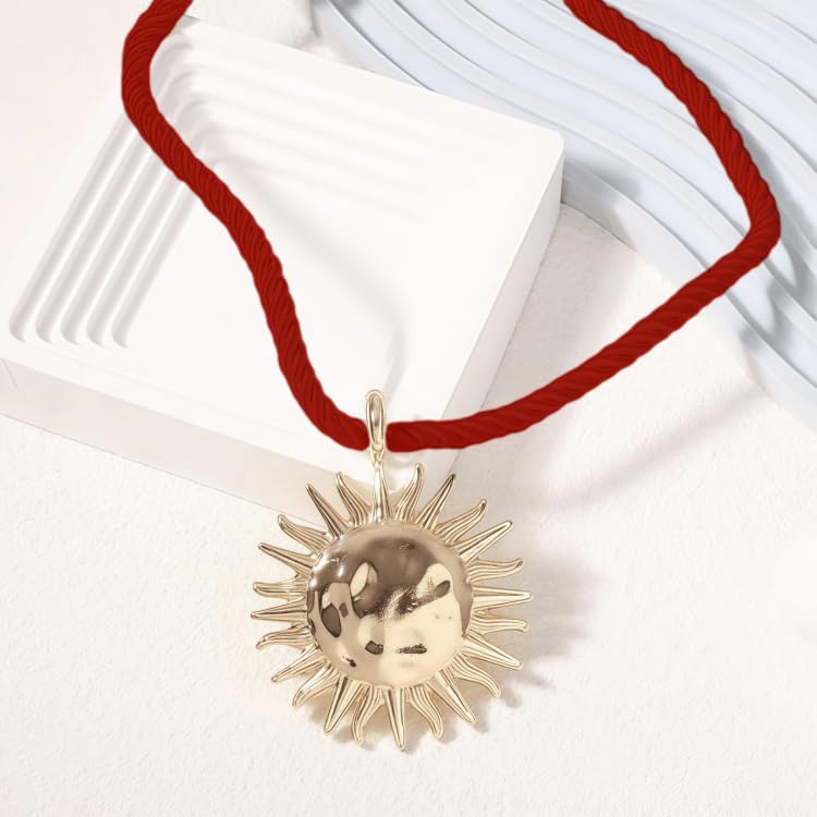 Exquisite Gold Sun Pendant Red Rope Necklace - Retro Round Coin Necklace - Ladies