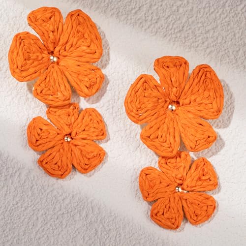 Boho Flower Earrings Statement Raffia Dangle Earrings Cute Floral Jewelry Trendy Summer Beach Vacation Outfits for Women - color: Orange