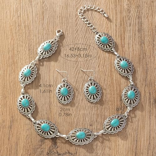 4 PCS Western Turquoise Jewelry for Women Boho Vintage Navajo Pearl Necklace Earring Bracelet Ring Set Country Cowgirl Accessories for Gift - color: L-Blue