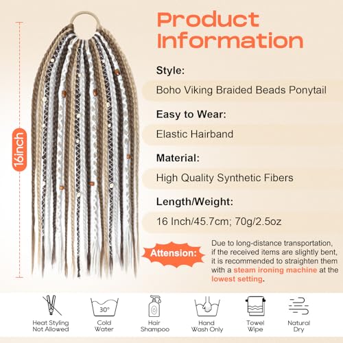 SEIKEA Boho Braided Ponytail Extension on Hair Tie, 16" Full Volume Lightweight Viking Dreadlock Ponytail Braid in Dreadlock Extensions with Beads and Shells, Festival Hair Accessories for Women Girls - color: Boho Earth Tone Mix