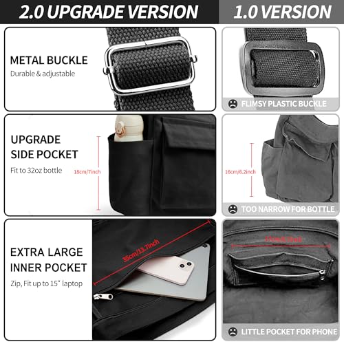 KALIDI Canvas Tote Bag Large Hobo Crossbody Shoulder Handbag Zipper Messenger Bag for Women or Men Casual College Work - color: Upgraded Black