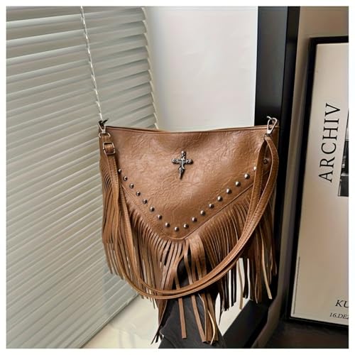 1PC Women's Fringe Rivet Crossbody Bag - Adjustable Strap Deep Brown Edgy Bag