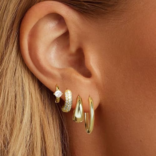 Small Gold Hoop Earrings Set for Women, 14K Gold Plated Lightweight Earrings Sets for Multiple Piercing, Hypoallergenic Huggie Gold Hoops Earrings for Women Jewelry - color: Gold-A