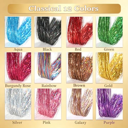 Hair Tinsel Kit 12 Colors 47 Inch Heat Resistant Reusable Stretchable Durable Shiny Hair Tinsel Strands for Women Girls Daily Wear Festival Party Cosplay Halloween Christmas Hair Accessories - color: 1401 12 Colors+Tools, size: 47 Inch