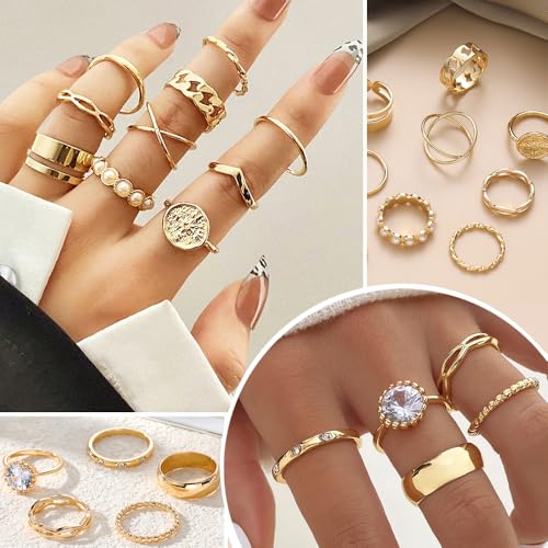 KISS WIFE Golden Jewelry Set for Women with Multi Layered Necklaces, Stackable Bracelets, Knuckle Rings, Hoop Earrings, Fashion Outfit Accessories Jewelry Packs Gifts for Women - style: Style 1
