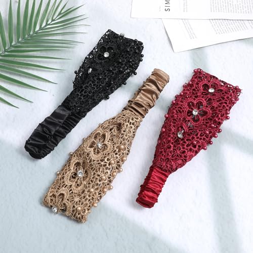 Tucnoeu 3pcs Boho-Chic Crystal & Pearl Embellished Wide Headbands, Wide Boho Pearl Headband for Wome, Floral Beaded Lace Elastic Headband Suitable for Daily Wear and Weddings Stylingvarious Holidays - color: Coffee, Claret, black
