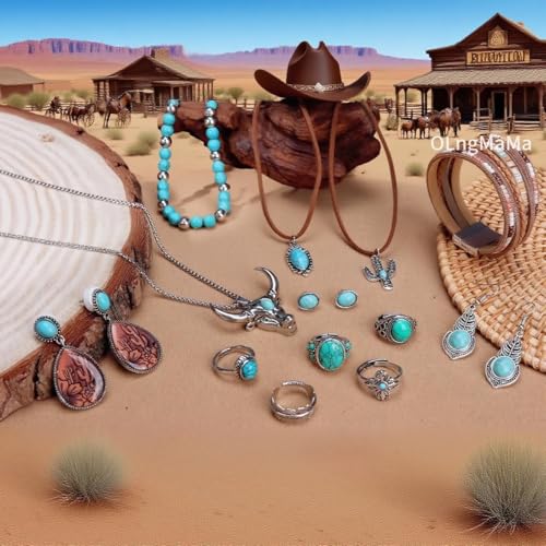Western Jewelry for Women - Boho Turquoise Jewelry Set with Turquoise Necklace, Earrings, Bracelet & Rings - style: Western Cowboy Style