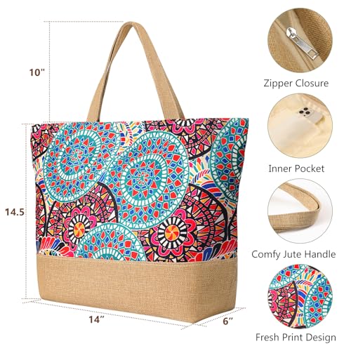 Trifabricy Beach Bag for Women, Large Beach Tote Bags with Zipper, Woven Straw Tote Waterproof, Swim Gym Shopping Travel Bag - color: Bohemia