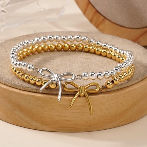 Matching Bracelets for Couple,Gold Silver Beaded Heart Couples Bracelets,Raomantic Relationship Promise Jewelry Gifts for Her - color: Bow