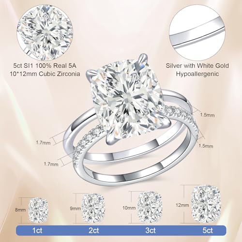 AVECON 3CT/5CT Elongated Cushion Cut Engagement Ring Set for Women, Wedding Promise Cubic Zirconia Band, 14K Gold/White Gold Plated Stackable Adjustable Bridal Half Eternity Open Rings, Size 5-9 - color: Silver-5CT