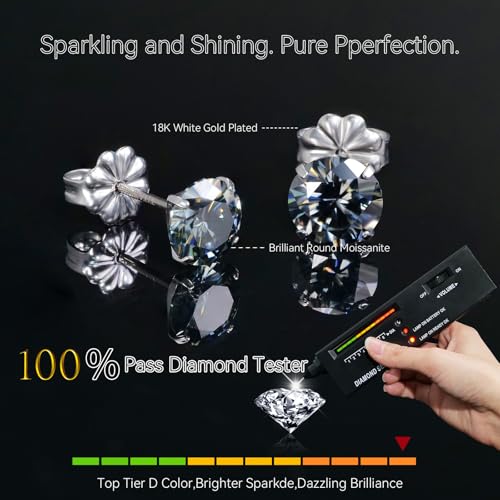 Moissanite Stud Earrings, G23 Hypoallergenic Titanium Stud Earrings for Women Men, Round Cut D Color VVS1 Clarity 18K White Gold Palted Multicolor Moissanite Jewelry, 0.6CT-3.0CT - color: Grey, size: (0.5ct*2)-5mm-1.0 Carat