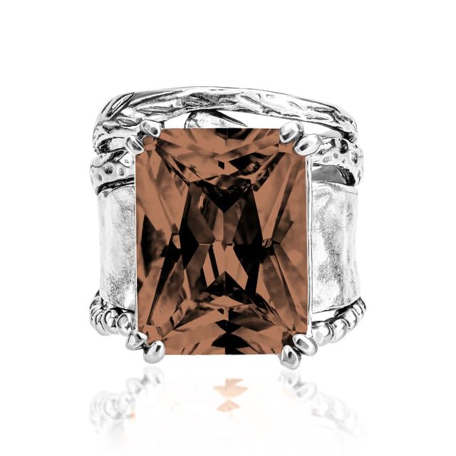 JEAN RACHEL JEWELRY 925 Sterling Silver Ring - Hammered Vintage Design with Octagon Shaped Cubic Zirconia - Hypoallergenic, Lead & Nickel Free - Artisan Handcrafted Statement Rings for Women - color: Smokey CZ