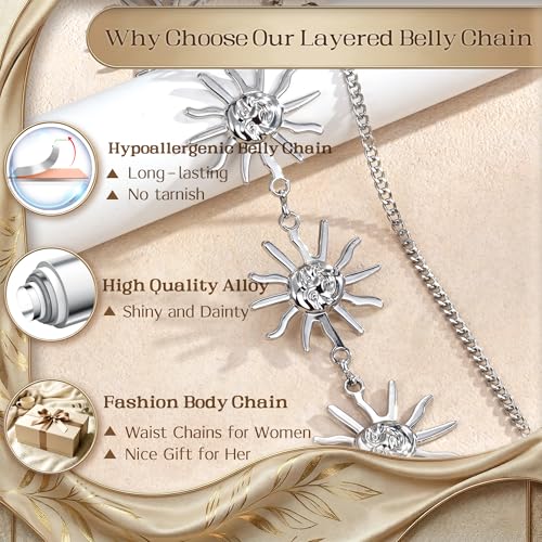 Florideco Waist Chain Belt for Women, Layered Belly Chain, Waterproof Boho Pearl Concho Cuban Body Chain, Adjustable Summer Beach Coachella Fashion Jewelry for Jeans Dresses - style: Silver Plated-Sun&Cuban Chain