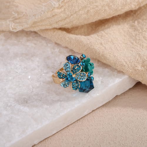 Jumwrit Shiny Crystal Flower Ring Statement Adjustable Open Band Wrap Finger Ring Square Rhinestone Floral Cocktail Ring Party Bridal Wedding Jewelry Vintage Boho Knuckle Ring for Women - color: Light Blue