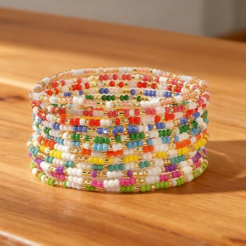 Colorful Stackable Seed Beaded Bracelets Set For Women, Boho Handmade Trendy Cute Stretch Accessories ball Glass Versatile Candy Jewelry, Summer Beach Daily Party Holiday Friendship Gift - color: Candy