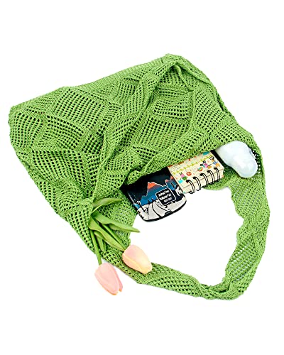 Crochet Mesh Beach Tote Shoulder Handbags Hobo Summer Aesthetic Women's Bag - color: Green