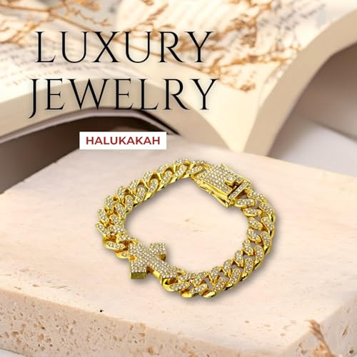 Halukakah Diamond Gold Chain for Men with Cross,18k Real Gold/Platinum Plated Fully Iced Out 12MM Miami Cuban Link Chain Necklace Bracelet,Lab Diamond Prong Set,Present for Husband,Boyfriend,Friend - color: Gold Plated Bracelet