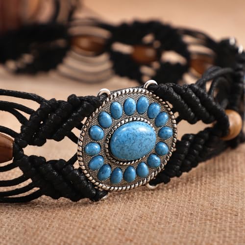 WHIPPY Boho Turquoise Belt for Women Wax Rope Braided Waist Belt Western Hand-Woven Bead Tassel Belts for Dress, 2” Wide - color: Black