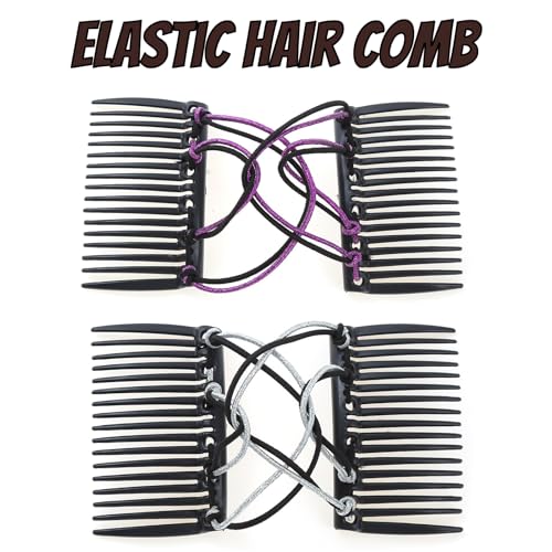 5 Pieces Stretchy Magic Adjustable Elastic Hair Comb Clips & Pins - No Crease Vintage Bun Makers for Women Girls, Curly Thick Wavy Ponytail Hair Accessories - color: Yellow,White,Pink,Purple,Navy blue