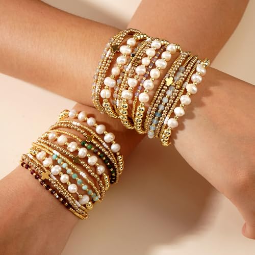 4pcs Gold Beaded Pearl Bracelets Set for Women Multi Layer Versatile Stackable Stretch Cuff Sparkly Stone Crystal Gemstone Jewelry Birthday Gifts - color: Onyx
