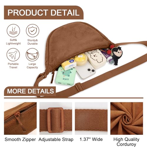 Nylon Crescent Crossbody Bag for Women Purses Trendy Men,Small Travel Sling Bag Hobo - color: Corduroy Brown, size: Small