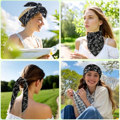 Floral Bandanas for Women Men, 27" x 27" Large Cotton Bandana Headband Head Wraps Hair Scarf for Beach Camping - color: Black Floral-herbal