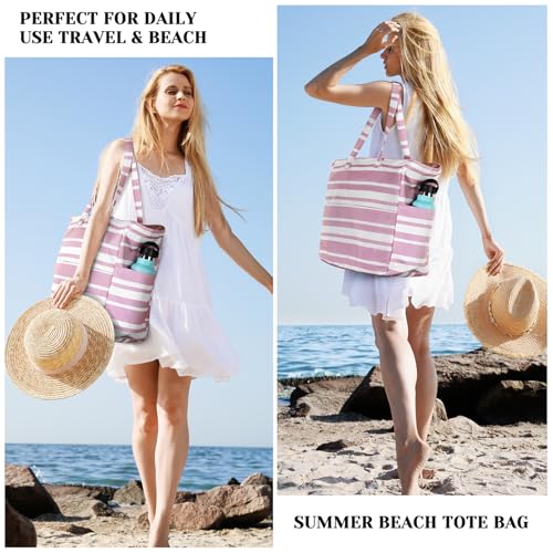 Trifabricy Beach Bags for Women Waterproof Sandproof Women Tote Bag, Large Beach Bag with Zipper for Gym Travel Vocation - color: Pink