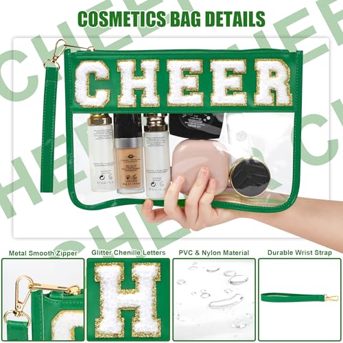 BuyCard Cheer Chenille Letter Bags Clear Makeup Bag, Cheerleader Gifts Cosmetic Bag, Varsity Preppy Patch Flat Pouch Cheer Accessories, Waterproof PVC Organizer Toiletry Bag for Women Girls Green - color: Green-Cheer