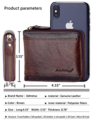 Admetus Mens RFID Blocking Wallets Zipper Leather Wallet for Men Bifold RFID Card Holder - color: Brown-23