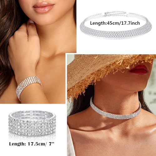 EIELO Rhinestone Jewelry Set for Women Wedding Bridal Triangle Clutch Bag Silvery Clutch Purse Glitter Choker Necklace Tennis Stretch Bracelets Ring Dangle Fringe Earrings Set - style: Silvery Clutch Purse