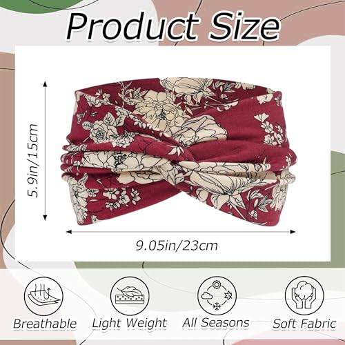 6 Pack Boho Headbands for Women Wide Twist Knotted Flowers Head Wraps Turban Stretchy Leopard Hair Bands Elastic Non-Slip Workout Head Wraps Accessories - color: Boho Flowers