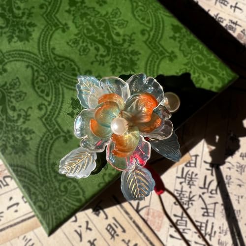 Rosa Orange with Leaves Hairpin Chinese Hanfu and Han Style Hair Retro Flower with Metal Handmade Hair Clip Hair Accessories for Women Girls Long Hair (Rosa Orange) - color: Rosa Orange