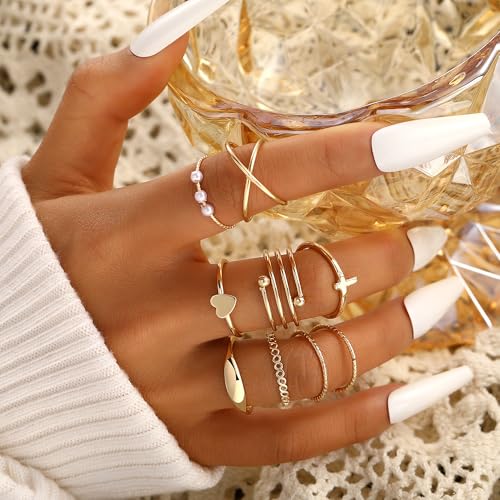 FAXHION 24-60 Pcs Gold Stackable Rings for Women, Knuckle Rings Chunky Gold Ring Set Dainty Stacking Cute Rings, Multiple Sizes Cute Jewelry Set Gift - style: Gold-24 Pcs