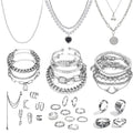 IFKM 36 PCS Silver Plated Jewelry Set with 3 PCS Necklace, 12 PCS Bracelet, 7 PCS Ear Cuffs Earring, 14 Pcs Knuckle Rings for Women Valentine Anniversary Birthday Friendship Gift - color: 36 Pcs Silver
