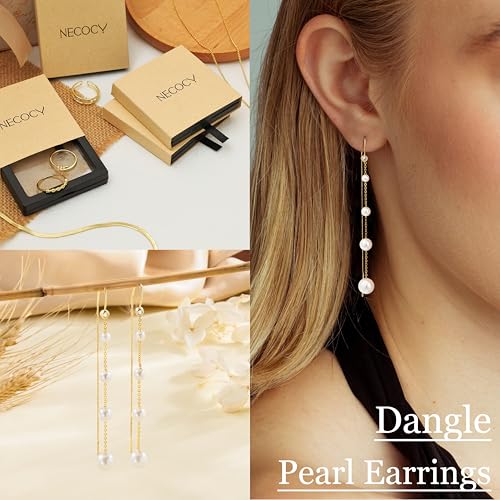 NECOCY Gold Dangle Earrings for Women Non Tarnish 14K Gold Plated Drop Wedding Hypallergenic Earring Dainty Long Hanging Chain CZ Pearl Threader Earrings Trendy Silver Plated Jewelry for Women - style: Gold&Style1