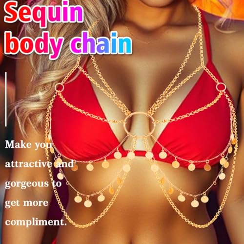 Nicute Women's Gold Body Chain Tassel Sequin Bra Chain Layered Beach Body Accessories for Women