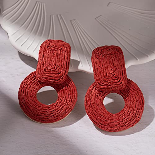 Statement Raffia Earrings Cute Boho Earrings Rattan Dangle Earrings Handmade Straw Wrap Earrings Summer Drop Dangling Earrings for Women Teen Girls - color: Red