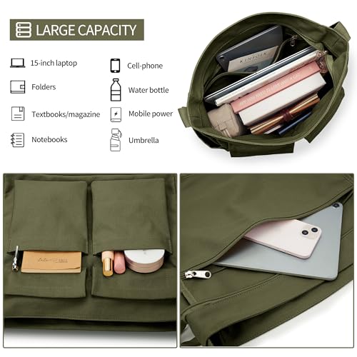 KALIDI Canvas Tote Bag Large Hobo Crossbody Shoulder Handbag Zipper Messenger Bag for Women or Men Casual College Work - color: Upgraded Army Green