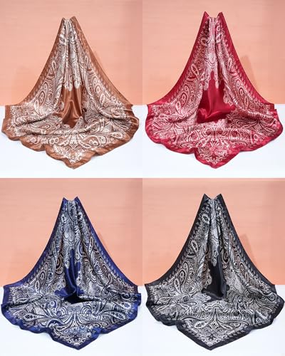 Molans 35" Silk Satin Square Head scarves - 4Pcs Large Scarfs Hair Bandana Head Kerchief Neck Scarf Sleeping Wraps for Women - color: Red, Brown, Black, Navy Blue