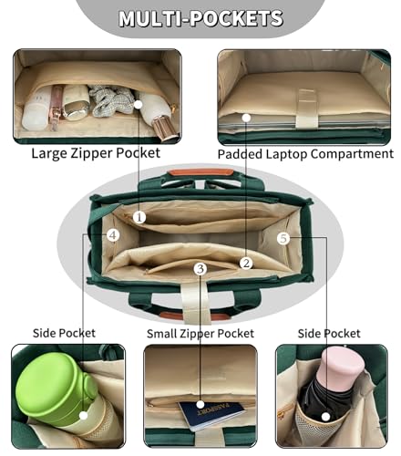 Large Canvas Tote Bag for Women Work Tote Bags with Pockets Laptop Crossbody Purses Everyday Bag Handbags for Travel - color: New Upgrade Plus Dark Green