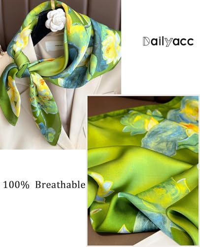 Dailyacc Hair Bandanas Scarf For Women Lightweight Fashion Neck Silk Satin Head Scarves For Sleeping Handbags Scarf - color: 23-green Flowers/27.5*27.5in