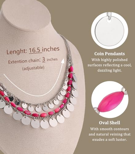 Noessla Layered Beaded Chunky Necklace for Women Boho Two-color Shell Statement Necklace Fashion Collar Costume Jewelry Gifts for Mum - color: 94-Hot Pink