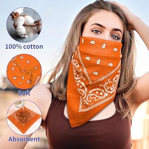 6 Pack Pure Cotton Bandana, Multi-Purpose Square Handkerchief, Face Mask headband for Men and Women - color: Orange