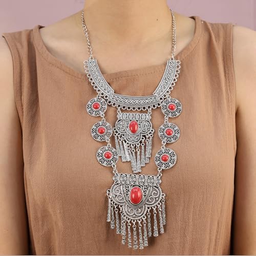 Bethynas Bohemian Ethnic Tribal Chunky Necklace Multilayer Long Tassel Turquoise Statement Neck Chain Retro Coin Gemstone Exaggerated Costume Accessories for Women - color: C-Red