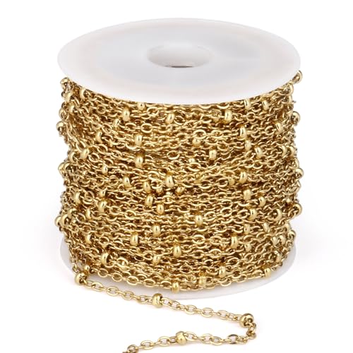 33 Feet 18K Gold PVD Plated Satellite Chain Roll, 2mm 304 Stainless Steel Gold Ball Beaded Cable Link Chains Spool Bulk for Jewelry Making DIY Craft - color: Gold Small Beads Satellite Cable Chain