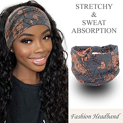 YONUF Wide Boho Headbands for Women Fashion Knotted Headband Yoga Workout Hair Accessories African Head Wrap 4 Pack - color: Print