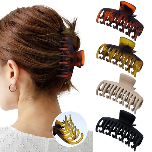 Mesovor 4 Pack Double Row Teeth Claw Clips for Thin Hair, 3.5" Medium Strong Hold Matte Hair Clips for Thin and Short Fine Hair Accessories (Tortoise Matte) - color: Tortoise Matte