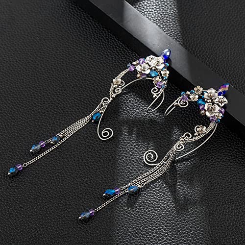 Elf Ear Cuffs, OwMell Handcraft Silver Pointed Fairy Elven Cosplay Fantasy Costume Bridal Wedding Earrings for Non Pierced Ears - style: Bule Tassel