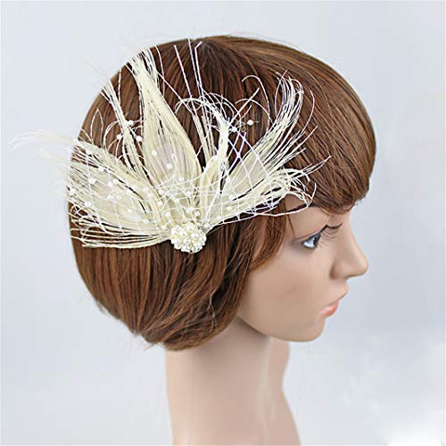 Fascinator Peacock Feather Hair Clips Flapper Headband Art Deco 20's Accessories for Women - color: 05beige