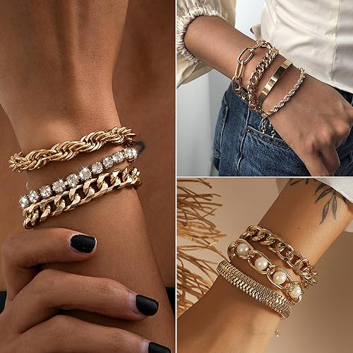 KISS WIFE Golden Jewelry Set for Women with Multi Layered Necklaces, Stackable Bracelets, Knuckle Rings, Hoop Earrings, Fashion Outfit Accessories Jewelry Packs Gifts for Women - style: Style 4